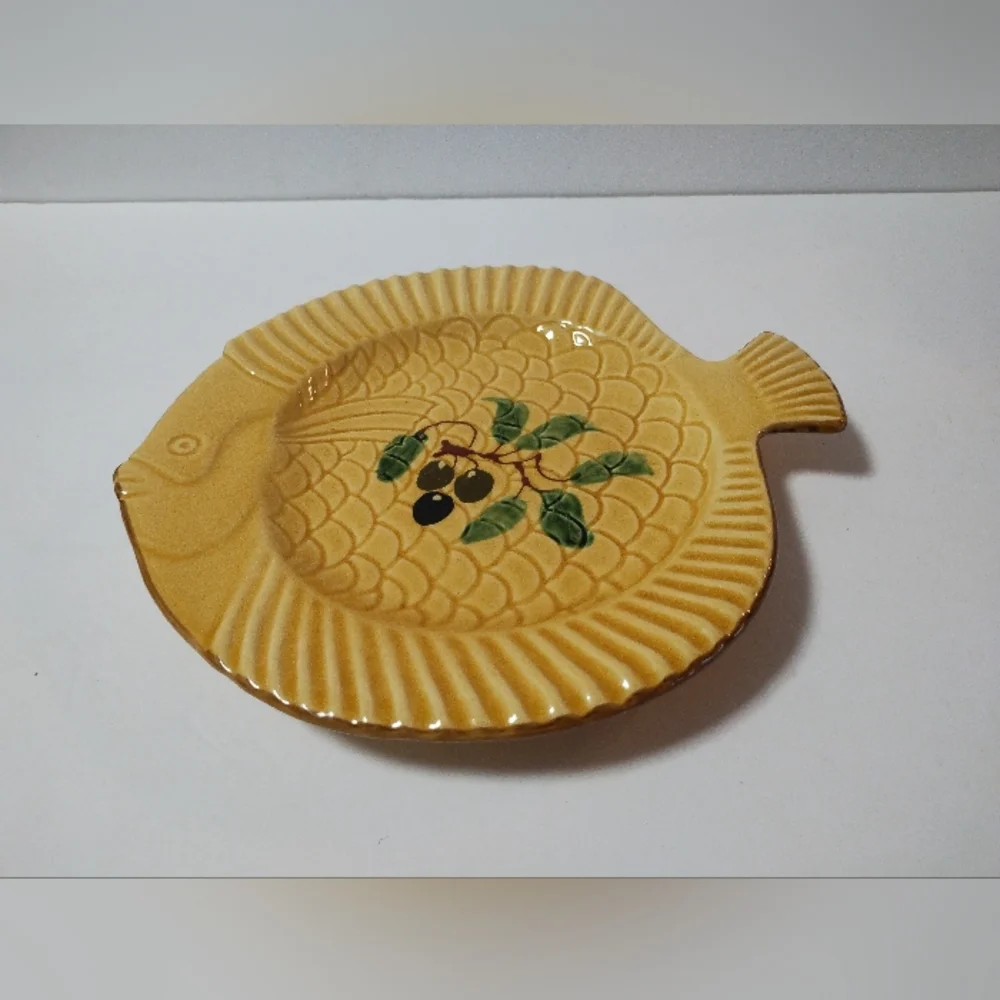 2 Vintage POTERIE du JABRON French Pottery Mustard Yellow Olive Fish Platter 10”